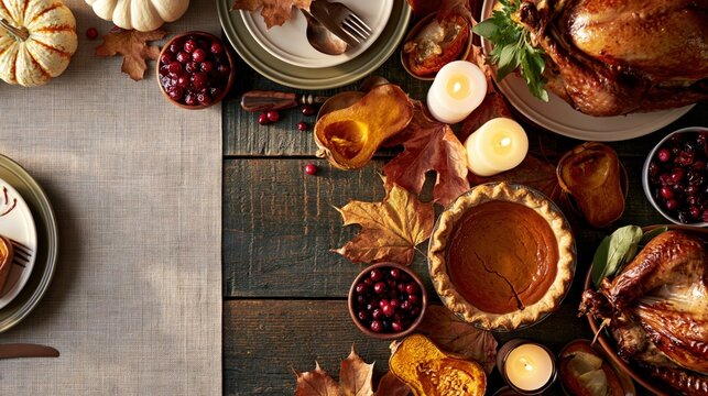 Top view of a rustic wooden Thanksgiving table with roast turkey, pumpkin pie, cranberries, squash and glowing candles