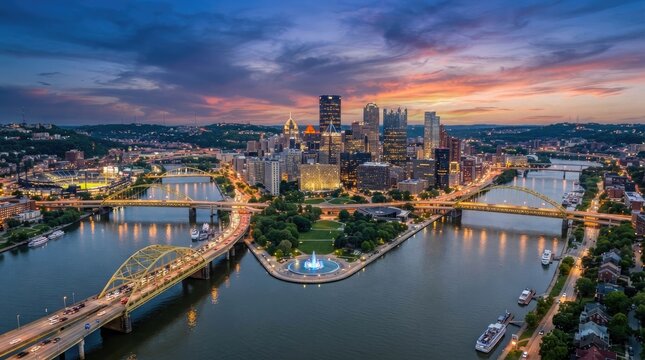 A stunning aerial photograph captures the Pittsburgh skyline at twilight. The city sprawls across the confluence of the Allegheny and Monongahela rivers, framed by the Ohio River.