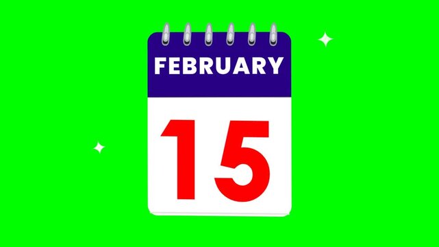 Animated monthly calendar page displaying february fifteen on a green screen backdrop with spiral binding and glowing decorative star elements