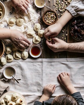 Overhead view of family hands filling and shaping traditional stuffed dumplings with dates and pistachios on a rustic table