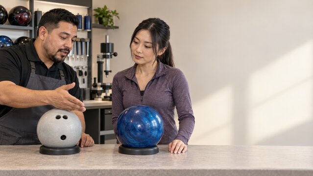 Bowling specialist gestures from a supported fitting reference toward the customer's undrilled blue ball during a pro shop customization consultation