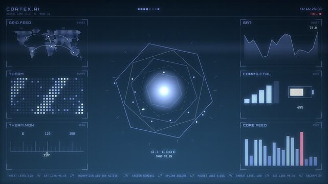 Seamless loop of futuristic sci-fi HUD interface with AI core display and data panels, monochrome, icy blue colors, 4K seamless loop
