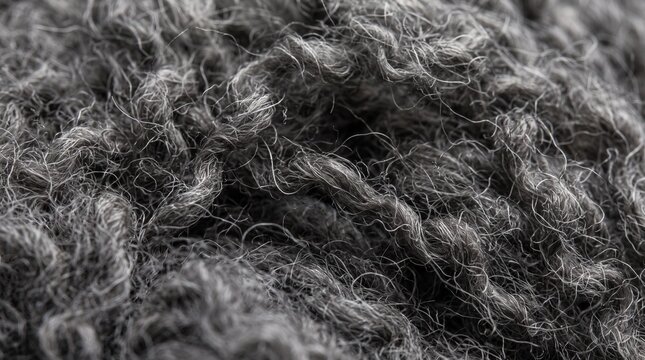 Close up macro view of dark charcoal gray wool fibers with soft