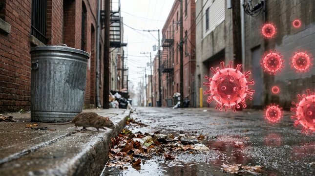 Urban rat scurrying along a wet alleyway surrounded by glowing red virus particles representing contamination