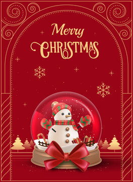 Festive Christmas Poster with Cute Snowman in Snow Globe, Red Bow, Snowflakes and Elegant Red Holiday Background. Editable Vector Illustration