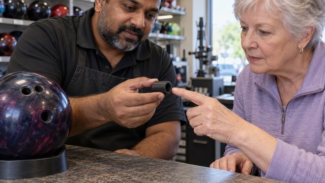 Bowling specialist offers a loose rubber finger insert for the customer to compare with a fingertip beside the personal ball supported on the pro shop counter
