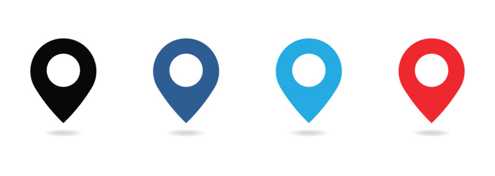 Map pin pointer icons with drop shadows in black blue cyan and red colors for navigation location tracking and GPS applications