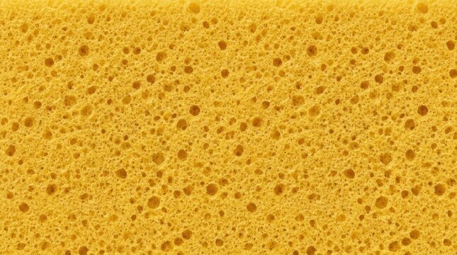 A close-up shot of a bright yellow sponge. The sponge has a porous texture with numerous small holes.