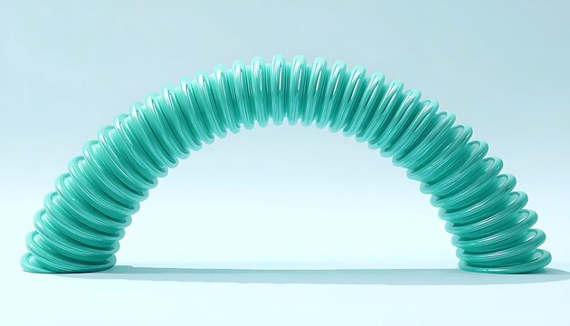 Abstract 3D render of a large arch formed by a flexible coil spring, dozens of thin glossy rings stacked closely together and bending into a smooth rainbow-shaped curve, semi-translucent rubber-like 