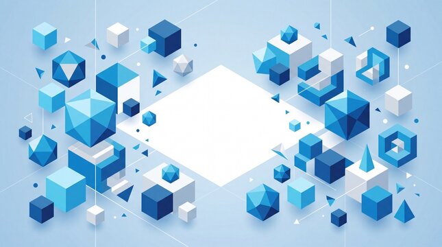 Abstract isometric blue 3d cubes floating around central frame