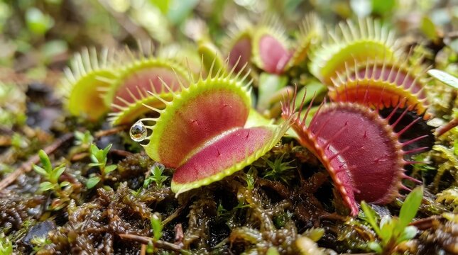 Vibrant carnivorous venus flytrap plant glowing brightly under natural sunlight in a green botanical garden