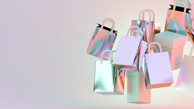 Iridescent pastel shopping bags and gift boxes floating on right side of soft gradient background with copy space