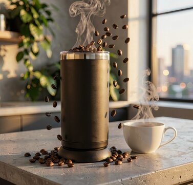 Black coffee grinder with floating beans on a kitchen counter