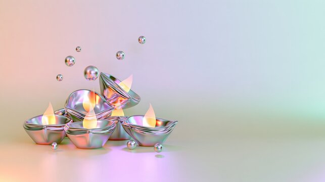 Stack of glossy chrome diya lamps with soft glowing flames and floating metallic spheres on pastel background with copy space