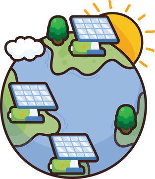 Solar panels dot a cheerful Earth