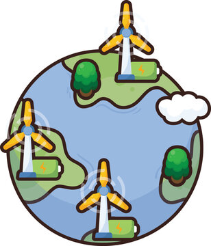 Wind turbines spin over green earth