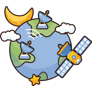 Cartoon globe with satellite dish and space satellite