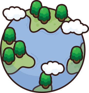 Cartoon globe shows green land, blue oceans, and fluffy white clouds