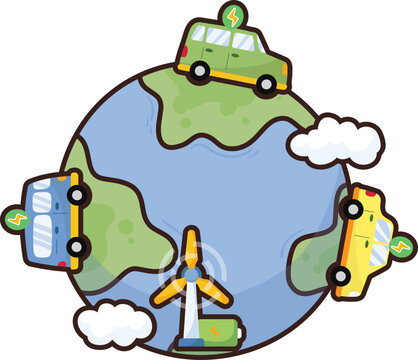 Green vehicle circles Earth with wind turbine and battery
