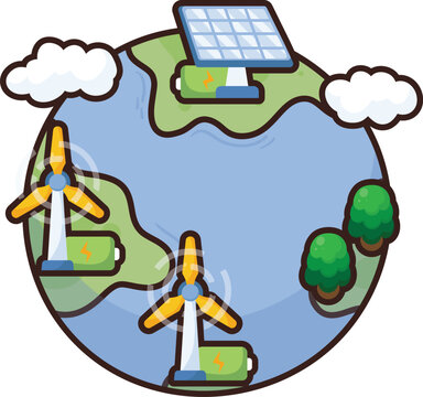 Cartoon Earth shows clean energy sources