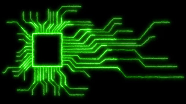 Neon circuit board technology background animation. Advanced semiconductor computing technology, powerful ai data processing seamless loop network concept
