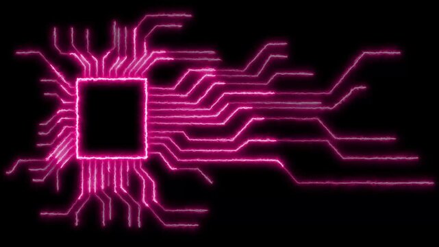 Neon circuit board technology background animation. Advanced semiconductor computing technology, powerful ai data processing seamless loop network concept