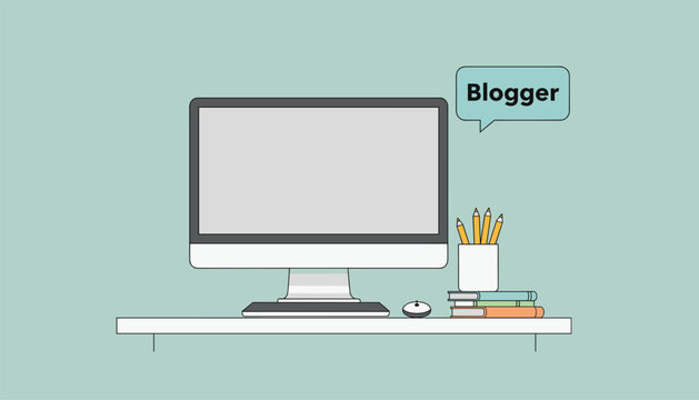 Desktop computer monitor with speech bubble blogger label on tidy office desk with pencils and reading books.