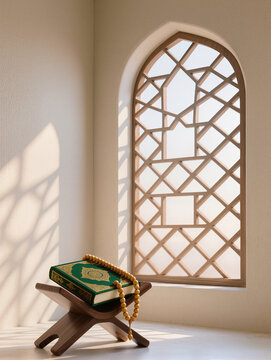 Holy Quran on a wooden stand with prayer beads near an Islamic arched window and warm sunlight 
