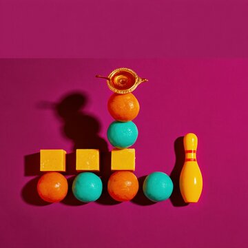 Pop art flat lay of Indian sweets with orange and teal laddoos, burfi cubes, brass diya and bowling pin on magenta