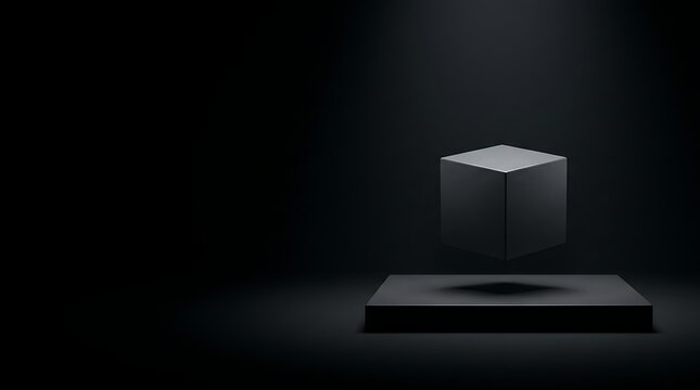 Floating black cube above a platform under a spotlight