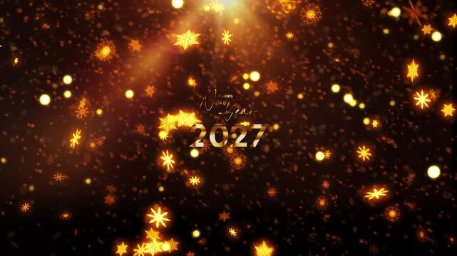 Happy New Year 2027 golden text shine light effect with glow snowflakes cinematic title flow on black abstract background