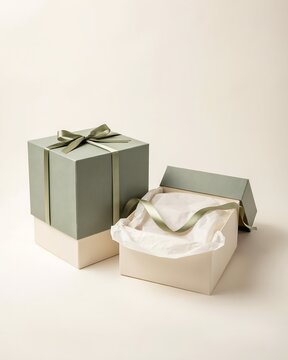 Two elegant square gift boxes with sage green lids and matching ribbons on a light neutral background