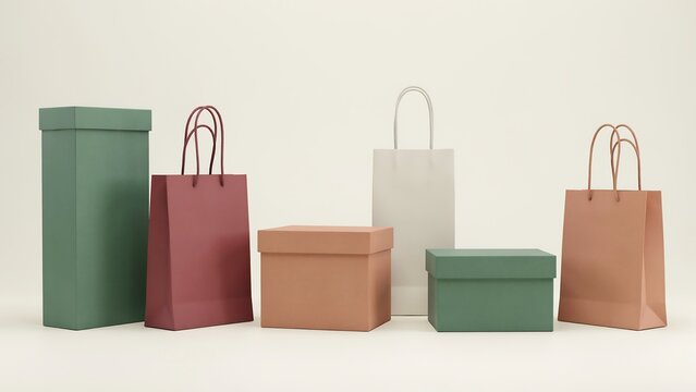 A collection of various colorful shopping bags and gift boxes arranged in a studio setting