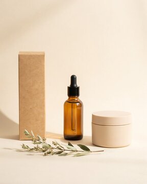 Brown glass dropper bottle with cream jar and paper box packaging with small plant branch