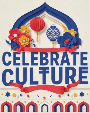 Cultural celebration banner with papercut style lanterns flowers and festive archway design elements