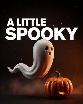 Cute little white ghost flying over a glowing orange jackolantern pumpkin