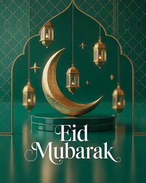 Decorative Eid Mubarak celebration background with golden crescent moon and hanging lanterns
