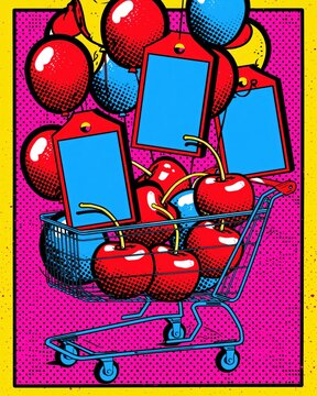 Pop art illustration of a shopping cart full of red cherries, balloons and oversized blank price tags on a pink halftone background