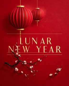 Festive lunar new year greeting background with hanging red lanterns and delicate blooming cherry blossom branches