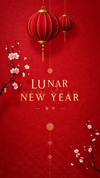 Festive lunar new year background featuring red lanterns and blooming cherry blossoms