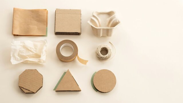 Flat lay collection of ecofriendly sustainable cardboard packaging materials for shipping and parcel preparation