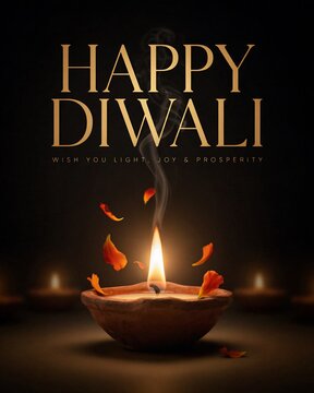 Happy Diwali festival greeting card with a burning oil lamp diya and flower petals on dark background