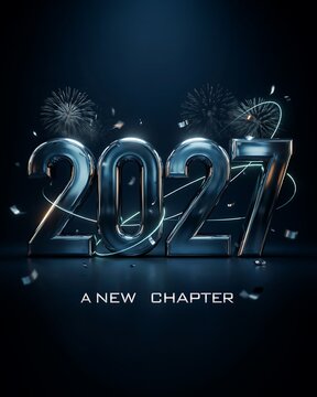 Metallic silver 2027 numbers with festive fireworks and confetti for new year celebration
