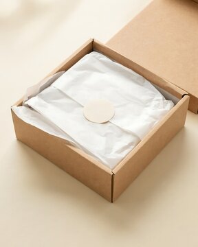 Open brown cardboard shipping box filled with white tissue paper and a circular sticker on a neutral background