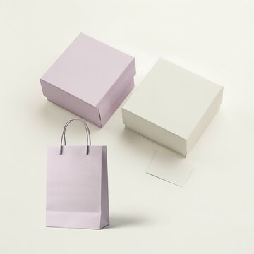 Pastel paper gift bags and square boxes with blank card for branding or wedding packaging mockups