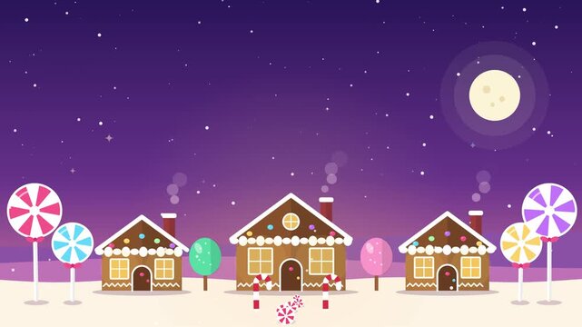 Animated flat vector gingerbread village with candy houses, giant lollipops, candy canes, peppermint path and falling snow on a magical Christmas night, copy space