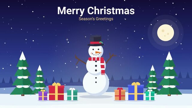 Animated flat vector snowman with red scarf and top hat waving among colorful gift boxes, decorated pine trees and falling snow on a starry Christmas night