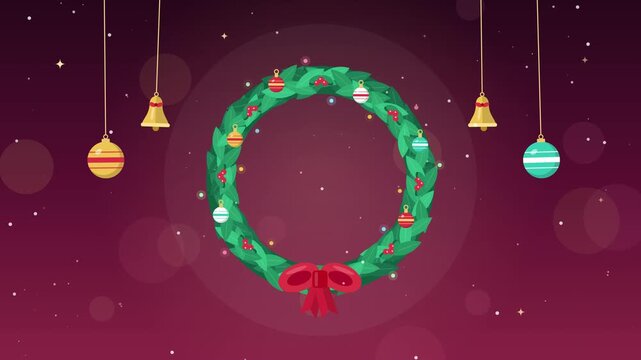 Animated flat vector Christmas wreath with red bow, baubles, holly berries, golden bells and twinkling lights on a warm burgundy background with falling snow, copy space