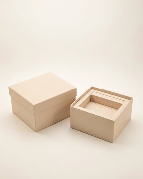 Two beige square cardboard gift boxes with lid open and closed