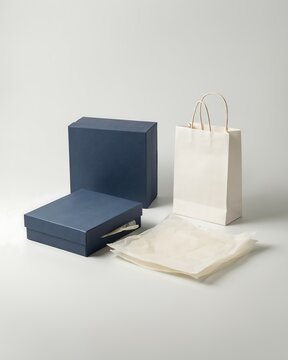 Two blue rectangular boxes and one white paper shopping bag with tissue paper